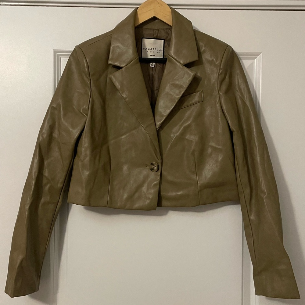 Bagatelle Women's Taupe Faux Leather Cropped Blazer